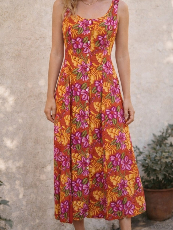 For your confort Dresses & Skirts - Vintage 90s Floral Rayon Dress Button Front Midi Tropical Size 10